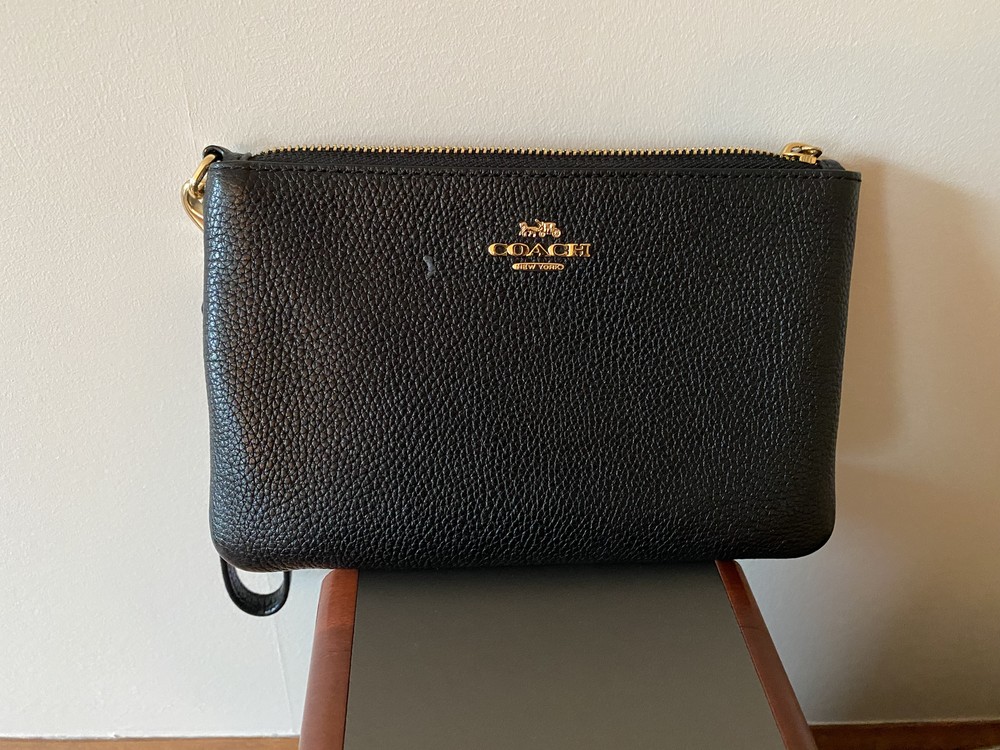Coach Small Wristlet Leather/Brass/Black with black fabric interior