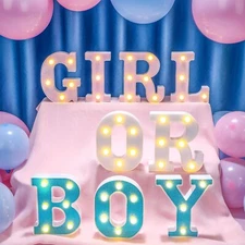 Boy or Girl Gender Reveal Party Decorations Light up Letters Glitter Sign Bat...