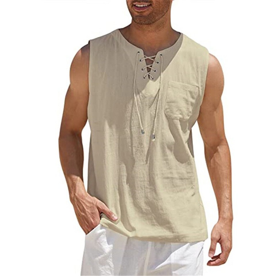 Men Cotton Linen Tank Vest Top Sleeveless Summer Traning Muscle Gym