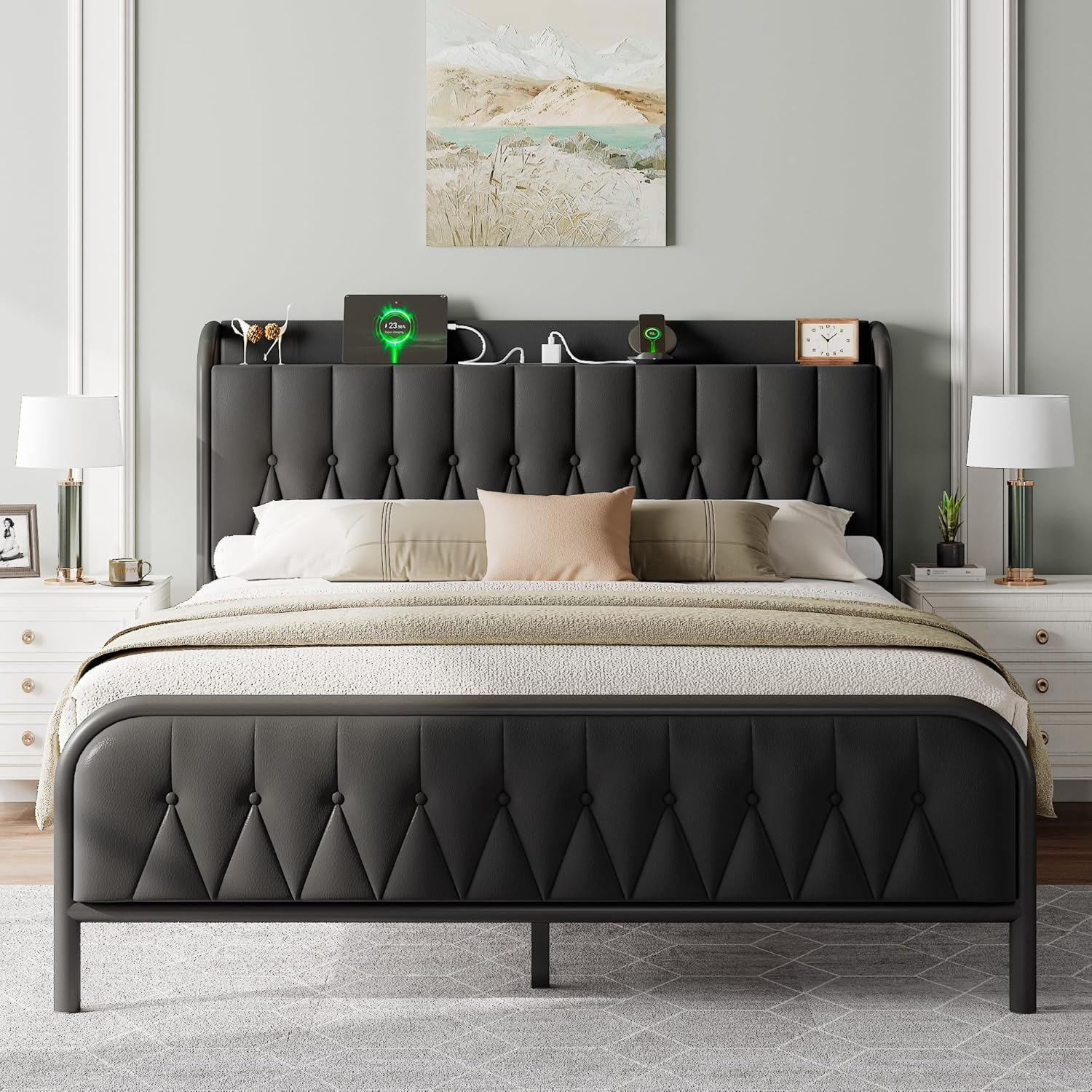 Queen Bed Frame with Charging Station, Platform Bed with Faux Leather Upholstere