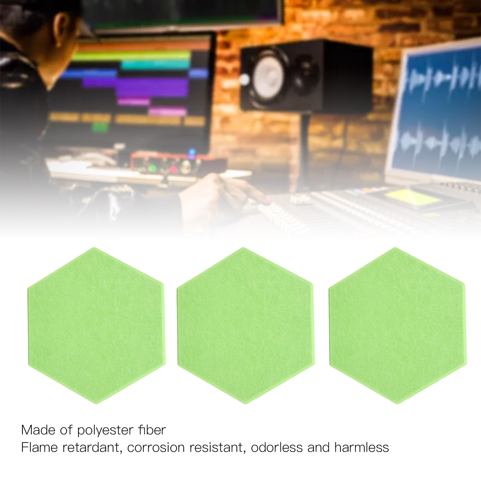 (Green)12Pcs Sound Absorption Board Hex Adhesive Acoustic Panels Wedges BX5