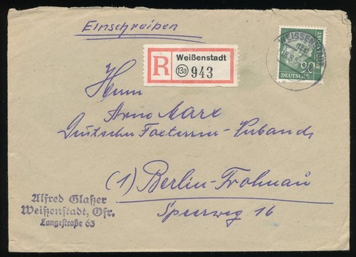 738532) Bund Heuss EF Nr.183 auf R-Blg. aus Weißenstadt