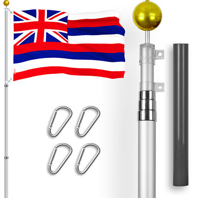 Combo: 16 Ft Telescoping Flagpole Silver & Hawaii HI State Flag 3x5 Ft Emb 300D