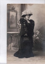 Old postcard photo woman large hat long dress black elegant outfit