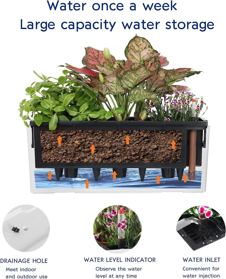 7.5''x20'' Self Watering Rectangle Planter Pots 10 Quarts Coco Soil Capacity - Image 2 of 4