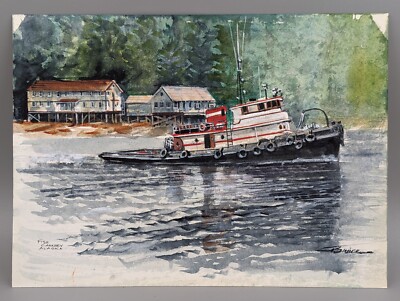 c1980 John Bruce Watercolor Ketchikan Alaska Tugboat Fish Cannery Seascape