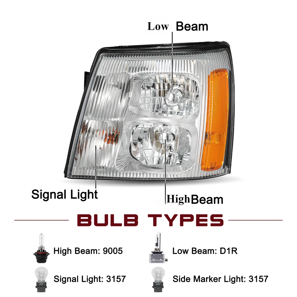 Faros de xenón HID para Cadillac Escalade 2003-2006 faros cromados con bombillas L+R Foto 2 de 4