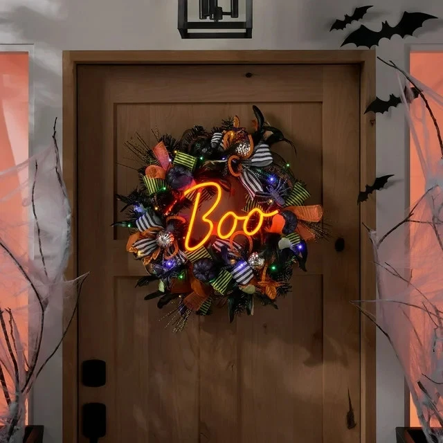 Member's Mark 26" Pre-Lit Neon BOO Wreath, BATTERIES INCLUDED