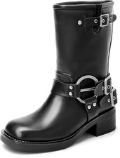 Mid Calf Biker Style Wellies Waterproof Wellington Rain Boots Shoes UK Size 5.5