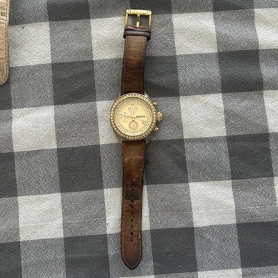 Fossil Decker Watch Women Gold Tone Chrono Leather CH2724 Date Clear Case