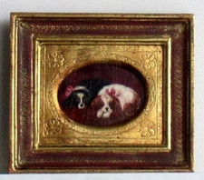 19TH ANTIQUE VINTAGE SUPERB BEAUTIFUL FRENCH MINIATURE PAINTING OF TWO DOGS 1880