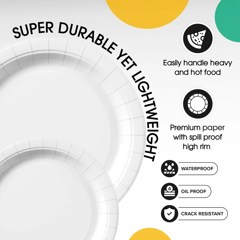 Exquisitos platos de papel blanco desechables de alta resistencia 200 piezas - 100-7" y 100-9"... Foto 4 de 4