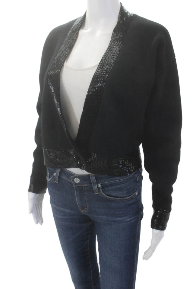 Calvin Klein 经典女式羊毛丝绸串珠纽扣裹身毛衣黑色 S 码 — 第 2/4 张图片