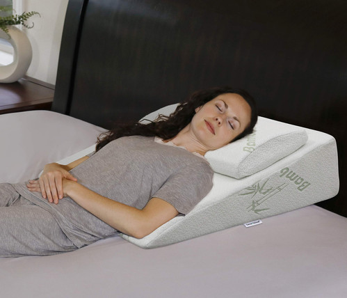 Foam Bed Wedge Pillow (26" x 25" x 7.5") and Headrest Set, 2" Memory Foam Top...