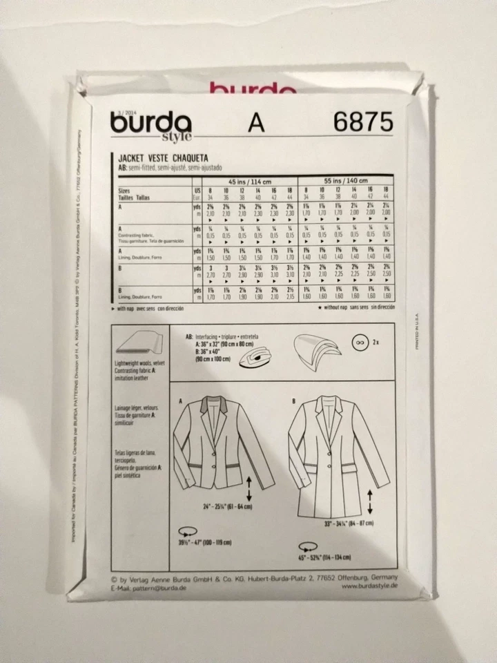 Burda Sewing Pattern 6875 Misses’ Jacket Size 8-18 UNCUT  - Image 2 of 3