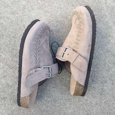 Seychelles Taupe Faux Suede Slip-On Whipstitch Buckle Clog Mules Women's Size 7