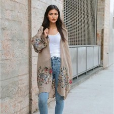 Fun In Florals Floral Embroidered Tan Cardigan Kimono Swim Cover Up Boho Beachy
