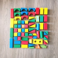Vintage Wood Building Blocks Bulk Lot 68 Pcs Multi-color Geometric Shape