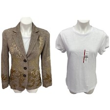 Coldwater Creek Top Blazer Womens Petite 8 Brown Floral Embroidered Tweed Office