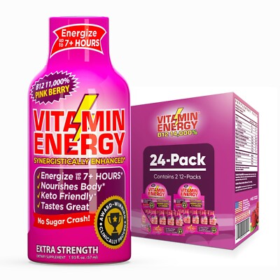 (24 Pack) Vitamin Energy  B12 11,000% Pink Berry Energy Shots, Clinically Proven