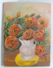 Antique Primitive Style Painting Bouquet of Flowers Unknown Artist 12" by 16"