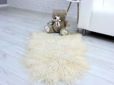 RARE ! REAL SWEDISH CREAM GOTLAND SINGLE SHEEPSKIN RUG FUR RUG CURLY HAIR 278