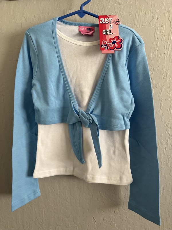 Just A Girl Faux Layered Blue White Long Sleeve Tie Top Size Small