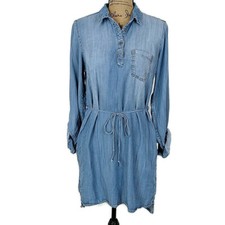 Maurices Womens sz S Dress Blue Chambray 1/4 Button Roll Cuff Belted Lyocell