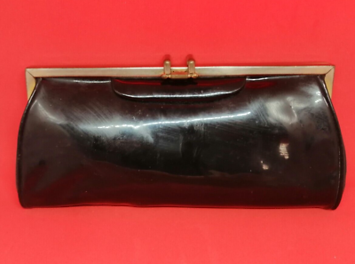 #ad Vintage 70´s Woman wallet purse black leather amp; Metal lady clutch with 2 pokets