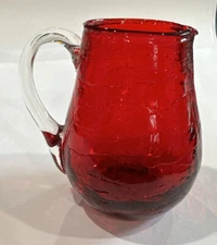 antique crackle glass pitcher vase Red With Clear Handle 4 Inch