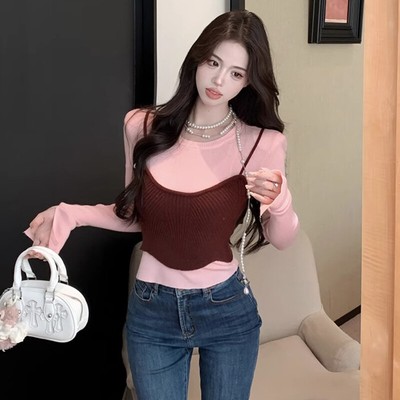 Korean Women Contrast Color Round Neck Long Sleeve Slim Fake Two Piece Sweater