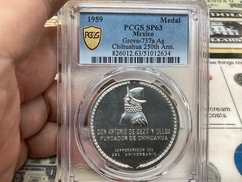 Mexico 1959 Medal Grove 737A Pcgs SP63 Chihuahua 250th Anniversary RARE - Picture 2 of 4