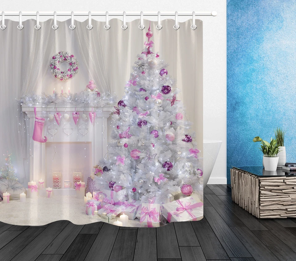 72X72" Rosa Decoración Navidad Cortina de Ducha Forro Impermeable Juego de Baño Foto 3 de 4