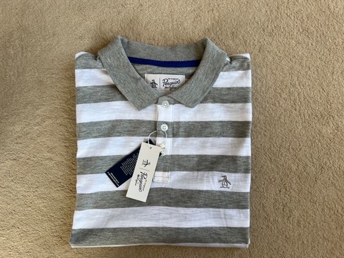 Original Penguin Men's Polo Shirt Striped Rain Heather Grey/White UK L - Picture 1 of 6