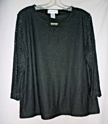 New, Cathy Daniels Three Quarter Sleeve Fancy Black Blouse Lace Overlay, Size XL