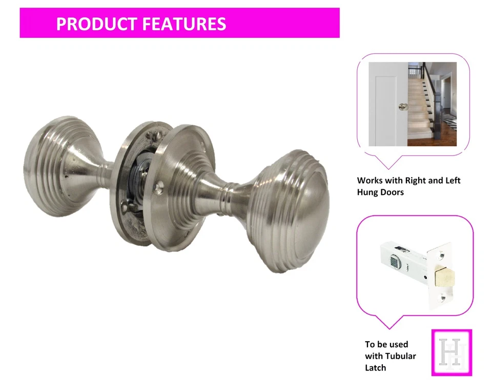 Door Knob SET Satin Queen Anne Reeded Internal Door Handles LARGE ROSE PLATE - Image 3 of 4