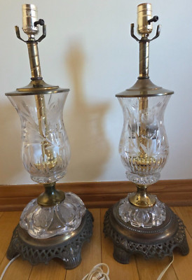 LOT: x2 Underwriter Laboratories Portable Brass Crystal/Glass Lamps 24''