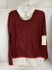 EV1 Two-fer Sweater, Collar Shirt Built In Sweater Combo, L(12/14) Burgundy New