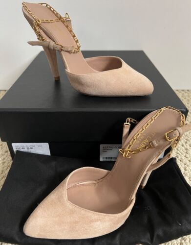 Saint Laurent YSL Venus Beige Suede Gold Chain Strap Pointed Pumps 36.5 6.5 $995 - Picture 3 of 21