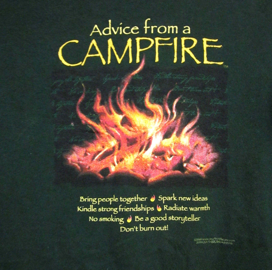 ADVICE FROM A CAMPFIRE med T shirt Camping Parable green tee Mother Nature 2009