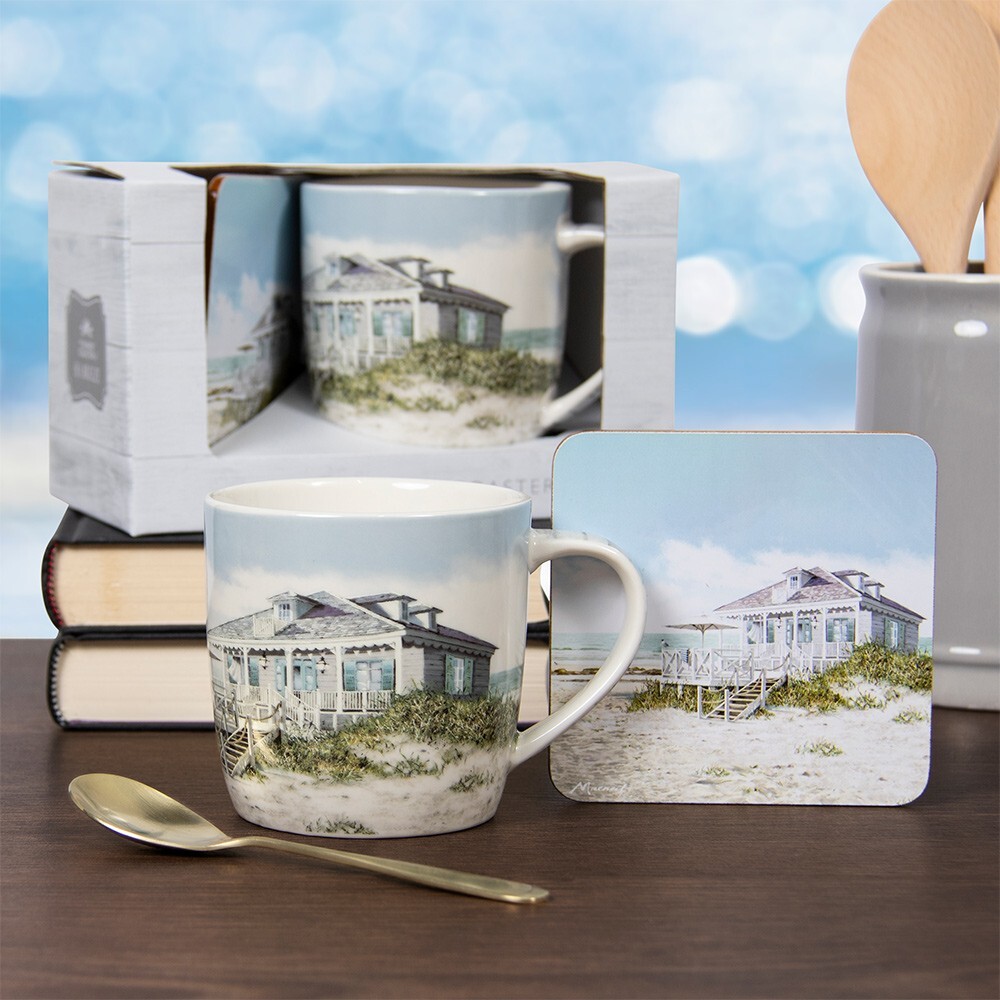 China Mug Coaster Gift Beach Hut Seaside Ideal Secret Santa Stocking Filler NEW