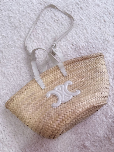 CELINE white Beige Classic Panier Straw Tote Basket Shoulder bag Triomphe logo