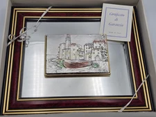 VTG Italian Silver Tone Relief Coastal Village Harbor Scene Framed Mirror Art
