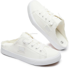 Women'S Mules Slip on Sneakers White Canvas Shoes Loafers Backless Summer,Casu