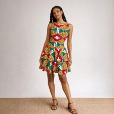 African Wax Print Dress Tiered Green Red Ankara Style Festival Ethnic Boho Sz M