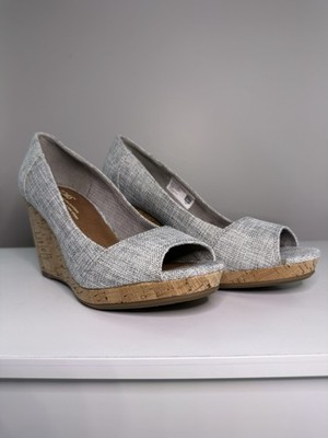 Tom s Women s Sz 6 NWOT Drizzle Peep Toe Grey Woven Lurex Wedge Heel Shoes