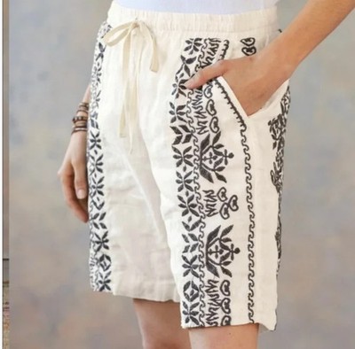 Johnny Was Geoffrey Embroidered Linen Shorts XL Pockets, Drawstring