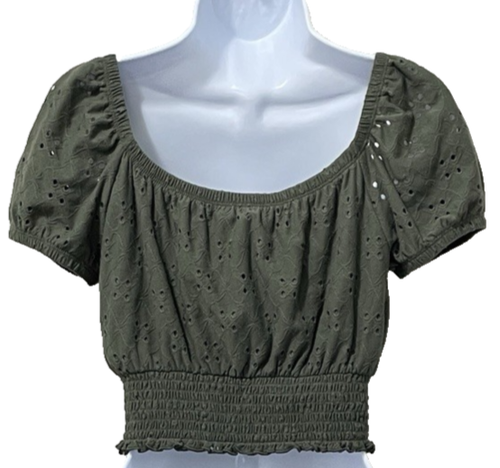 Hollister Womens Sz Sm Green Eyelet Crop Top Off the Shoulder Coquette Prairie - Picture 2 of 9