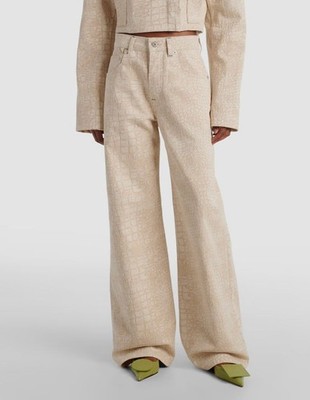 Jacquemus Women's Beige Croc-Effect Wide Leg Jeans Pants Size 28