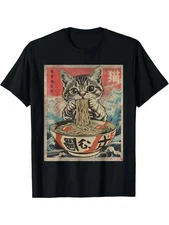 Cat eating ramen kawaii anime Japanese food T-shirt men's fashion trend pure cot